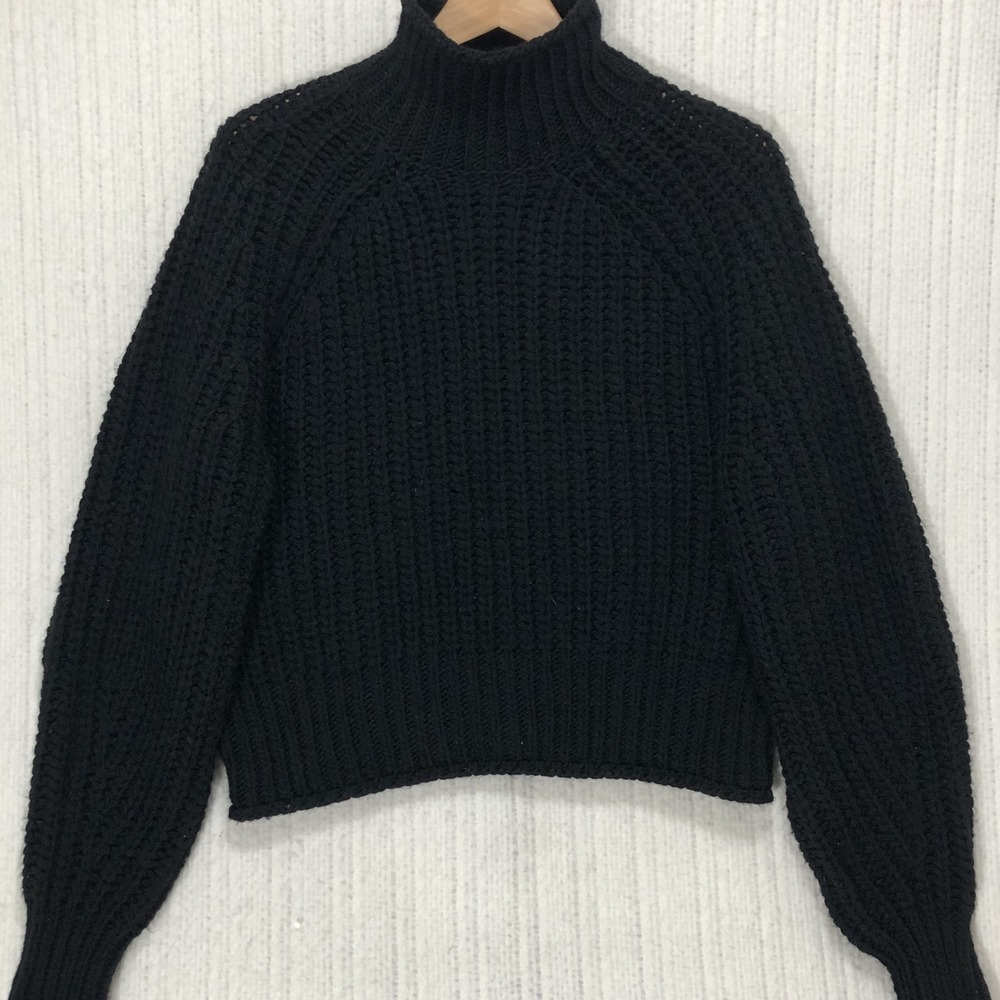 HM Womens Black Ribbed Mock Neck Chunky Knit Cropped Sweater S 09909114
